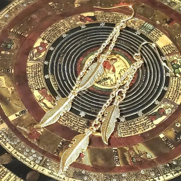 Gold Plated Double Feather Leaf Leaf Chain Drop Earrings - Picture 2 of 4